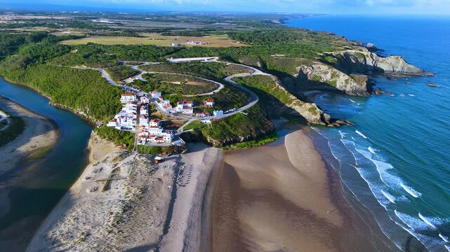 Aerial view of Praia de Odeceixe, in the Municipality of Aljezur, Algarve, Portugal