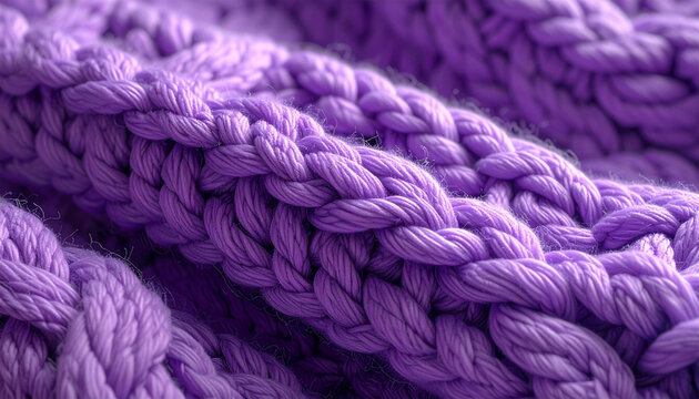 Close-up of thick purple cable knit fabric texture with soft lighting