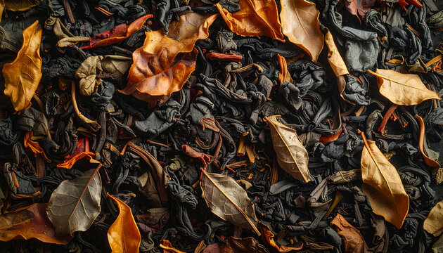 Dried tea leaves and autumn leaves texture background