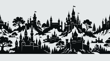 Fantasy castle landscape silhouette border © Farelious