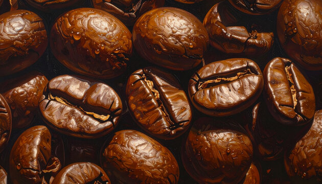 Macro photography of roasted coffee beans with water droplets