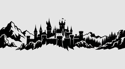 Fantasy castle silhouette on mountain landscape © Farelious