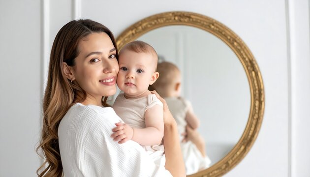A woman with long brown hair gently holding a baby in front of a large round mirror