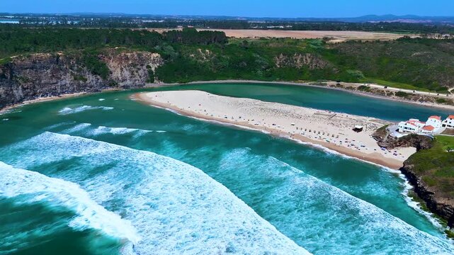 Aerial view of Praia de Odeceixe, in the Municipality of Aljezur, Algarve, Portugal