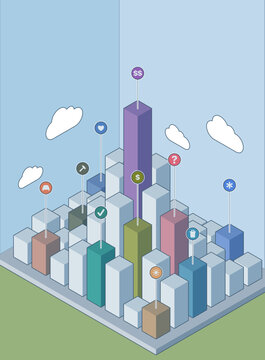 Isometric city with home inspection, cost and repair icons