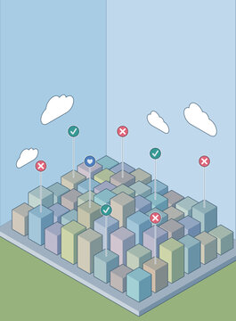 Isometric city buildings with approve, reject and favorite icons
