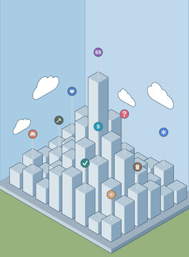 Monochrome isometric city with home inspection and cost icons