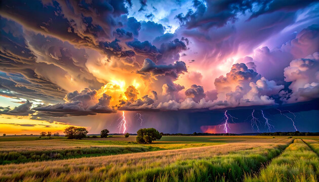 Dramatic thunderstorm with lightning strikes over a rural landscape