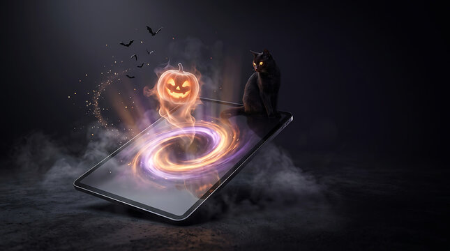 Black cat sitting on tablet screen with glowing magical portal and smoking halloween pumpkin floating above dark backdrop.