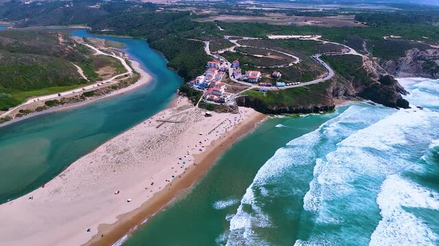 Aerial view of Praia de Odeceixe, in the Municipality of Aljezur, Algarve, Portugal