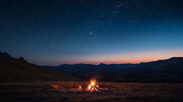 A warm campfire crackles softly as it casts a flickering glow on the surrounding grass