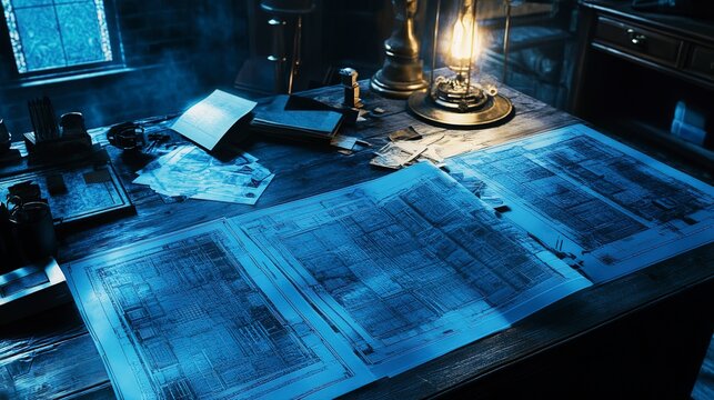 Intricate blueprints spread across a wooden table are softly lit by a vintage lamp. The warm glow contrasts with the shadows, enhancing the room's secretive charm, perfect for a late-night project