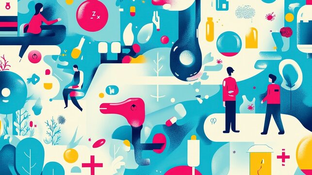 A lively scene showcases individuals engaged in various tasks in a modern workspace. Bright colors and imaginative shapes bring a sense of creativity and collaboration to the atmosphere