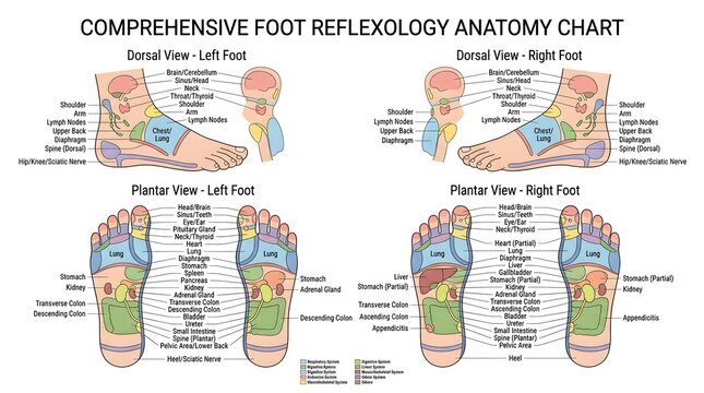 Comprehensive foot reflexology anatomy chart illustrating pressure points on dorsal and plantar views