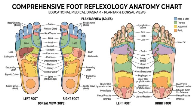 Comprehensive foot reflexology anatomy chart showing plantar and dorsal zones with internal organs and body systems, educational medical illustration for holistic therapy.