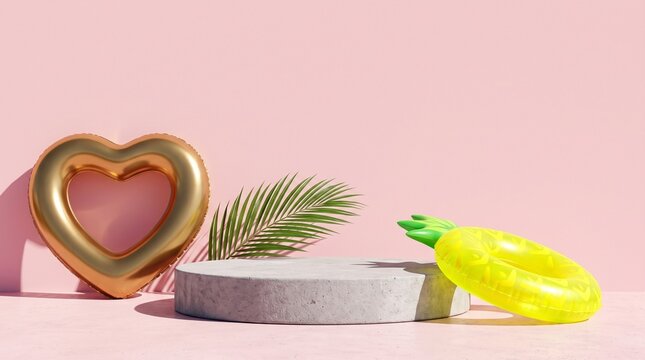 empty stone podium with heart balloon and pineapple float on pink background