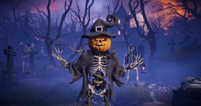 Halloween pumpkin head skeleton talking and gesturing in spooky night cemetery with haunted house. Humorous talking jack o lantern character in foggy graveyard. Funny 3D animation. 