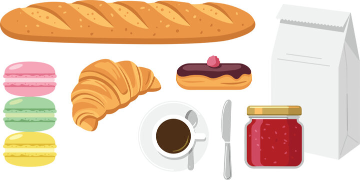 French Bakery and Pastry Icon Set with Baguette Macarons Croissant Eclair Coffee Jar of Jam and Paper Bag Vector