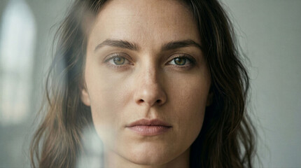 Fototapeta premium A woman stands in a bright indoor space with natural light coming through windows. She looks directly at the camera with a neutral expression on her face.