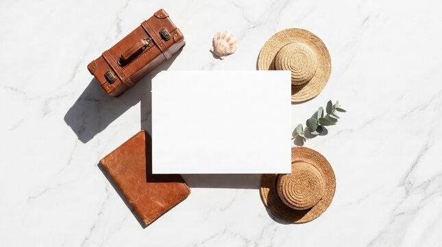 blank white paper mockup with travel accessories on marble background
