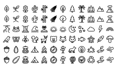 Fototapeta premium Nature line art icons editable stroke vector set with plants trees mountains wildlife landscape and environmental outline symbols