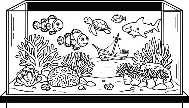 Underwater aquarium scene with fish turtle and ship in glass tank