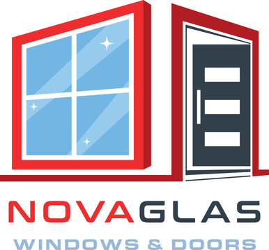 Fenster und T&uuml;ren Logo &ndash; Modernes Firmenzeichen mit rotem Rahmen und Glas Elementen f&uuml;r Glaserei und Fensterbau Betriebe