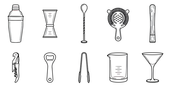 Minimalist cocktail bar tool icons, 10 professional bartender equipment vector illustrations, black and white line art bartending kit for menu design