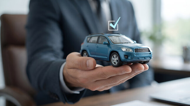Hand holding miniature car with approval checkmark, representing car purchase, vehicle agreement, auto insurance, leasing, and financial decision making in automotive business and dealership services.