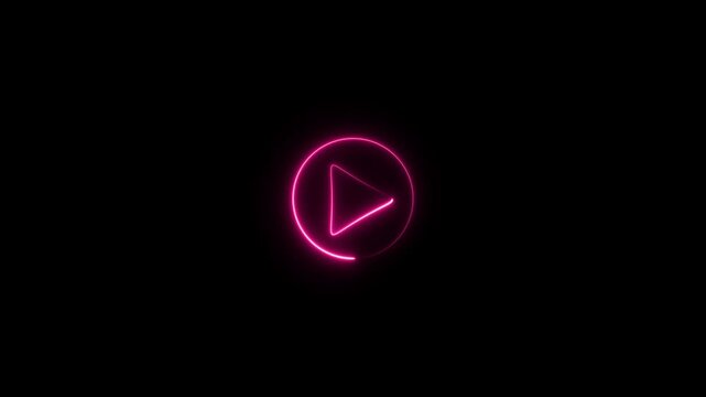 Video, audio neon play button icon glowing play button animation. Glowing neon play button animation, on black background