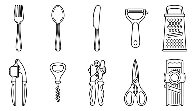 Minimalist kitchen utensils line icons, set of 10 kitchenware vector elements, modern culinary tools and cooking equipment outline illustrations