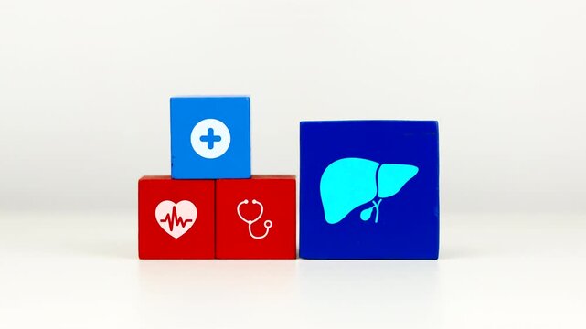 The doctor's hand displays a cube with a liver icon. Raising awareness about liver health and preventing fatty liver disease and cirrhosis.