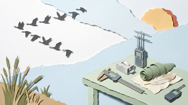 Bird migration research equipment on table with flying birds in background  