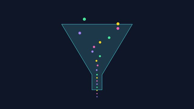 Sales funnel concept with animated colorful particles falling through a digital marketing conversion process animation 4k