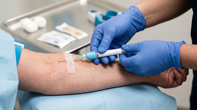 Hands Performing Blood Draw with Vacutainer Tube