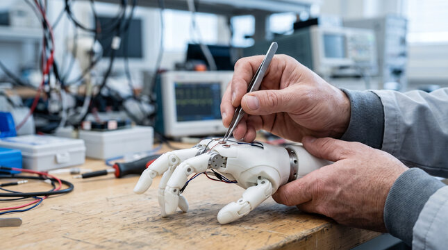 Hands testing a bionic prosthetic hand with muscle sensors &mdash; assistive medical technology and biomedical engineering concept.