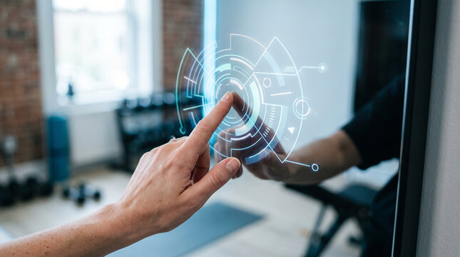 Hand touching a smart mirror with glowing fitness data &mdash; connected home gym and digital fitness technology concept.