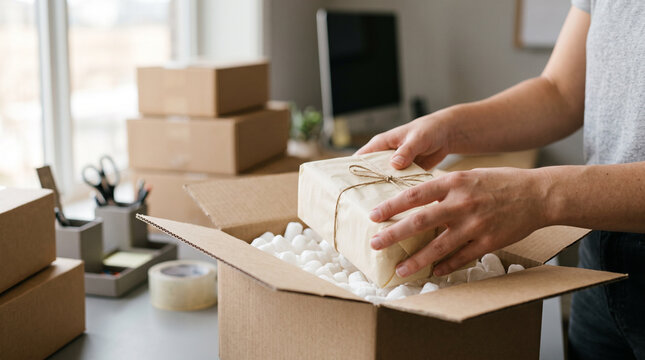 Hands packing a product sample box for shipping &mdash; small business e-commerce and order fulfillment concept.