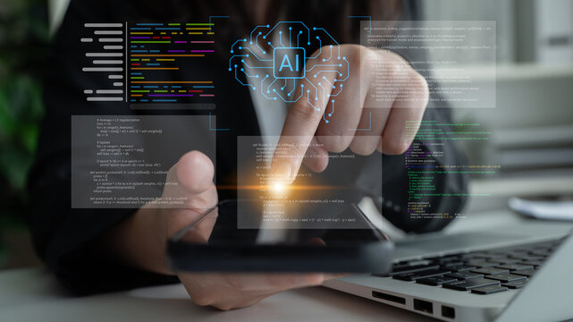 A business professional uses a smartphone to interact with advanced artificial intelligence features, surrounded by coding elements and a laptop, embodying modern digital innovation. Cyphers