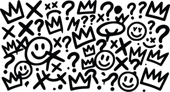 A creative vector illustration featuring hand drawn graffiti style crowns, happy smiley faces, question marks and bold cross symbols