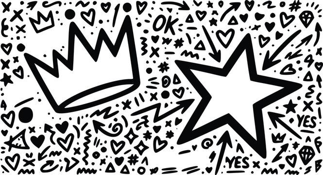 A bold black and white vector illustration featuring a hand drawn crown and star surrounded by many playful doodle icons