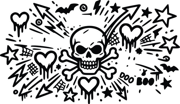 bold vector illustration featuring a central skull and crossbones surrounded by dripping hearts, sharp stars, arrows, and lightning bolts