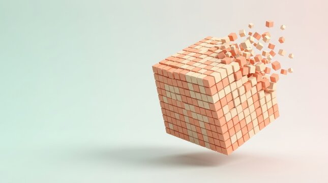 A large geometric cube composed of many smaller peach colored blocks disintegrating into tiny floating particles on transparent background