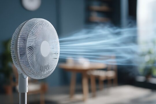 Electric fan. Portable White working fan in room, blue wall. Ventilator blower blowing cool air in modern living room, promoting fresh environment. Space for text. Air conditioner cooling mist stream