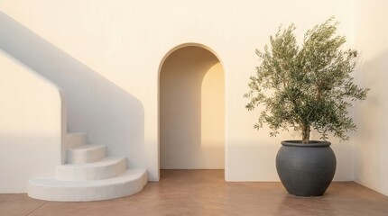 Fototapeta premium A vibrant green olive tree planted in a large dark grey ceramic pot standing beside a curved white archway on transparent background