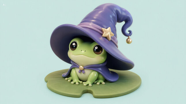Cute cartoon frog wearing a wizard hat and cloak sitting on a lily pad
