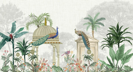 Traditional mughal Mural Mughal Garden Background Illustration © kalakarilife