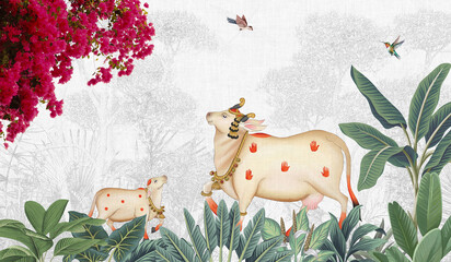 pichwai cow lotus with mural background © kalakarilife