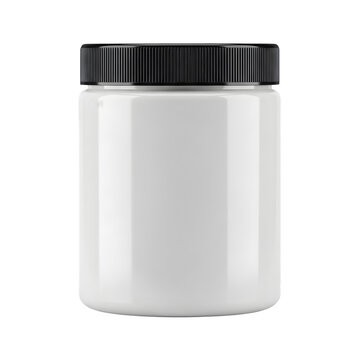 White cosmetic container with black screw cap isolated on blank backdrop.