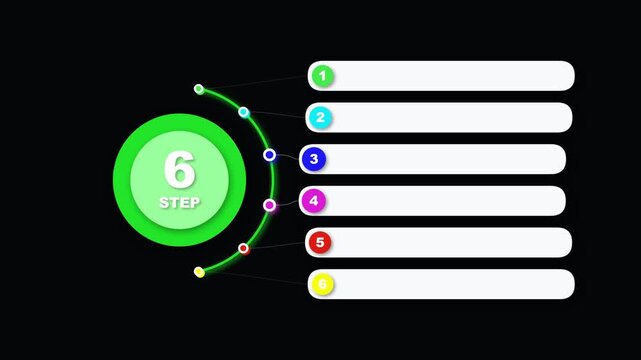 Six step infographic timeline with colorful circular bullet points and text boxes